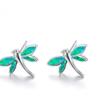 Dainty Simulated Green Opal Dragonfly Earring w/ Silver Overlay